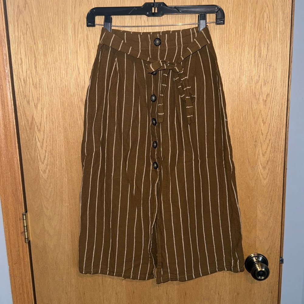 Brown Stripe Button-Front Midi Skirt with Tie Waist - Picture 1 of 4